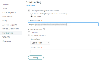CyberArk app's Provisioning tab with the SCIM Service URL field highlighted and filled in near the top middle. 