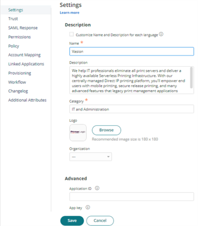 CyberArk showing the newly created app's Settings page. 
