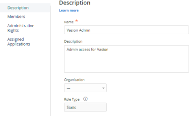 CyberArk showing the Roles window with the Description tab selected and the created role visible. 