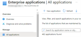 Azure Portal Enterprise Applications tab showing the New Application button in the upper middle. 