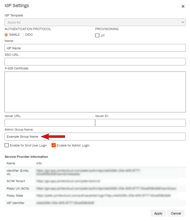 IdP Template window showing the Admin Group Name field highlighted near the bottom. 