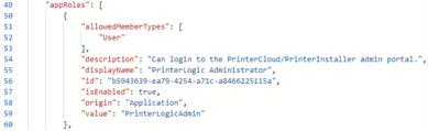 Manifest file showing the PrinterLogic portion added in and highlighted. 