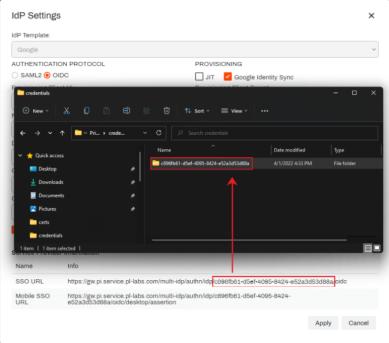 IdP Settings window with a File explorer window open to the credentials directory, with the folder name being the same value in the sso URL. 