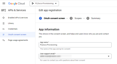 App Registration window showing the fields for the App name and user support email. 