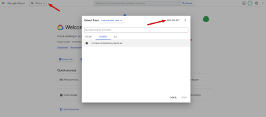 Google portal with an arrow pointing to the Project dropdown in the upper left, and an arrow pointing to the New Project option in the Project's pop-up.