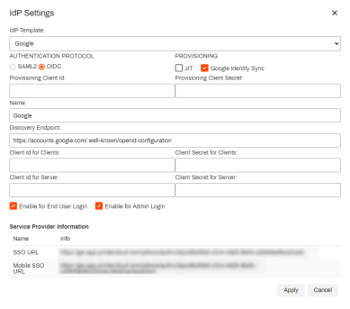 IdP Settings pop-up showing the following selections, Google as the template, OIDC as the authentication method, Google Identity Sync as the provisioning method, completed Name field, Disovery Endpoint value added, and the enable options for end-users and admins are enabled.