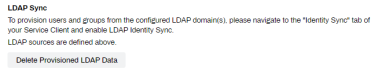 LDAP Sync section showing a note about the button, and an arrow pointing to the Delete Provisioned LDAP Data button. 