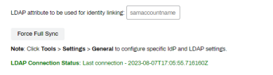 Identity tab showing the LDAP linking attribute field, and an arrow pointing to the Force Full Sync button below, and displaying a message about the LDAP Connection Status below the button. 