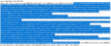 XML file showing the portion for the 509 certificate highlighted, and arrows pointing to the beginning and end sections. 