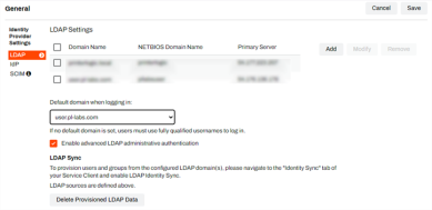 LDAP Settings - Default domain and admin authentication options selected