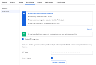 Provisioning tab showing the Enable API Integration box checked, the API token filled in, and the Test API Credentials button at the bottom. 