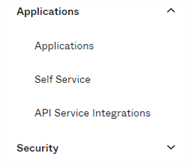 Okta Applications menu expanded to show the sub-option for Applications. 