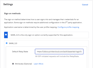 Sign On settings window showing the Default Relay State value in place. 