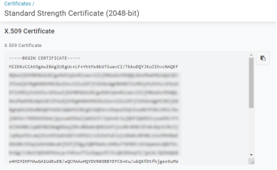 Certificate window showing the x-509 certificate content highlighted, excluding the Begin/end certificate portions. 