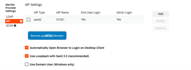 General tab's Identity Provider Settings section with the IdP option selected and two additonal options selected below the IdP.