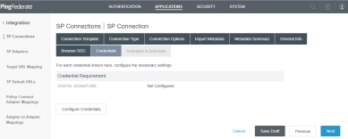 SP Connections window with the Configure Credentials option in the left middle. 