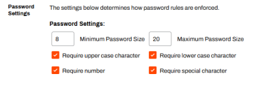 Password settings sections showing the options for password rules, including the minimum / maximum password size, and requirements like upper case characters, numbers, and special characters. 