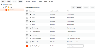 Administrative security tab with a user with the explicit assignment type selected.