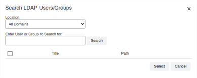 Search LDAP Users and Groups pop-up with the location/domain field, and user or group name field next to the Search button. 