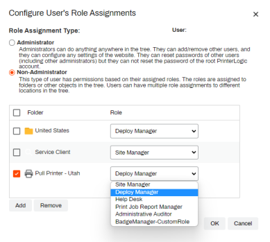 Configure Role Assignments pop-up with the Non-administrator role selected and specific objects added, showing the drop-down for the different roles they can assign to the object. 