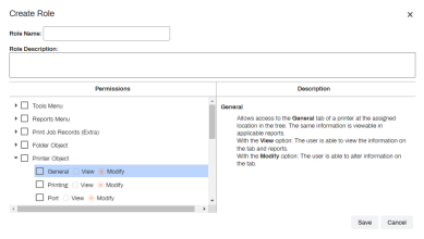 Create Role pop-up with fields for the name, description, and checkboxes to define what objects they have access to modify, and the permissions they have for those objects. 