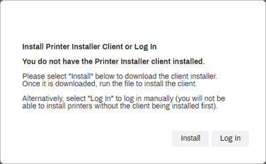 Install Priner Installed Client or Log In modal