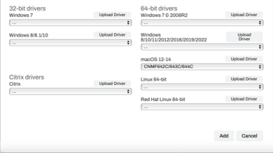 Add TCP/IP Printer modal with a driver selected