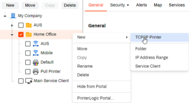 New TCP/IP Printer option from the context menu