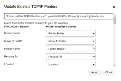 Data Manager pop-up for Update exisiting TCP/IP printers, and the drop-downs for matching up the column headers. 