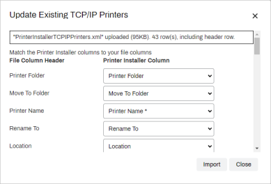 Data Manager pop-up for Update exisiting TCP/IP printers, and the drop-downs for matching up the column headers. 