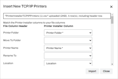 Data Manager pop-up box for the insert option. Drop-downs are displayed where you match them up with the csv file headers. 