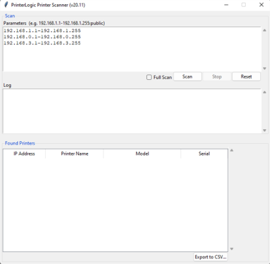 Printer Scanner pop-up where IP ranges are added, the logging box displays in the middle, and the Found Printers box displays at the bottom of the pop-up. 
