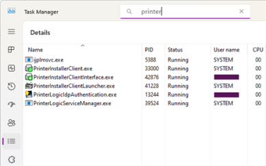 Task Manager Details tab view with the PrinterLogic Service Manager service running