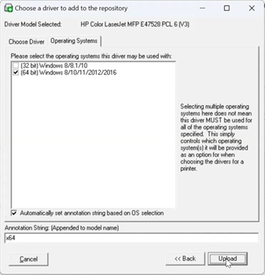 Driver upload window, OS tab