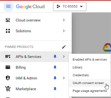 Google cloud OAuth content screen option from menu