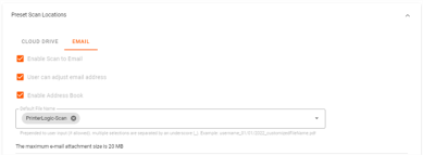 Preset scan locations section, email tab options