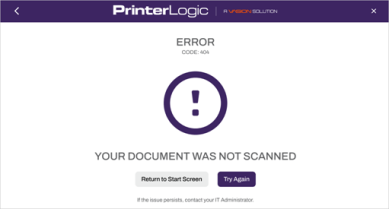 Scan window showing an error, code, and the button options to return to start screen or try again in the lower middle. 