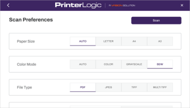 Scan Preferences window showing the different options for paper size, color mode, file type, and the Scan button in the upper right. 