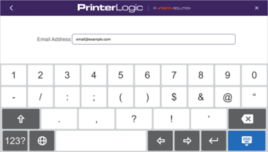 Email address field showing an address and the on-screen keyboard below.