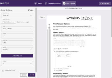 Web Print Preview screen showing the printer settings on the left and the document preview on the right.