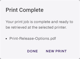 Print Complete modal with options to complete or start a new print job.