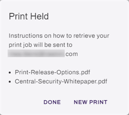 Print Held modal with options to complete or start a new print.