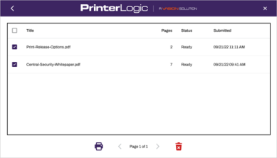 Print Release screen showing two print jobs selected.