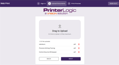 Web Print Portal upload page showing three uploaded files.