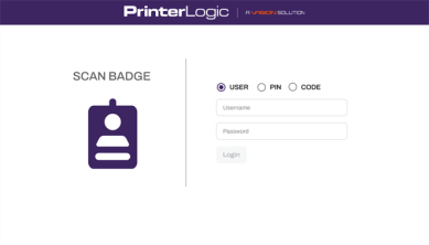 Installed control panel application showing the options for User authentication with username, password, pin, and also the Scan Badge option.