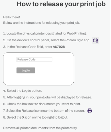 Email template for Web Print showing the steps for guests to release their jobs. 