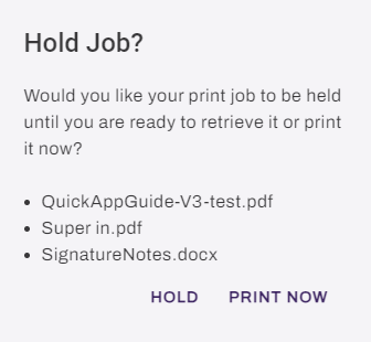 Hold Jobs modal asking if the user wants to hold or print the job. 