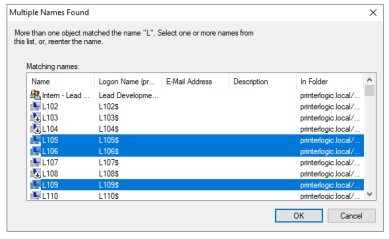 Active Directory pop-up for selecting computer objects for assignments.