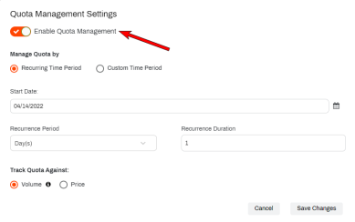 Quota Management Settings section with an arrow pointing to the Enable Quota Management setting. 