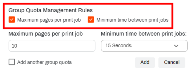 Group Quota Management Rules section showing the Maximum pages per print job and Minimum time between print jobs settings. 